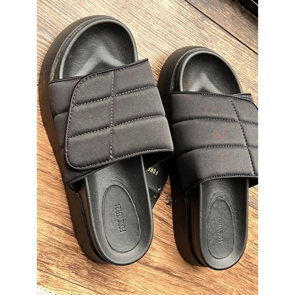 Forever 21 Platform Slides Black Hoop And Loop Close Sz 7.5 Brand New With Tags